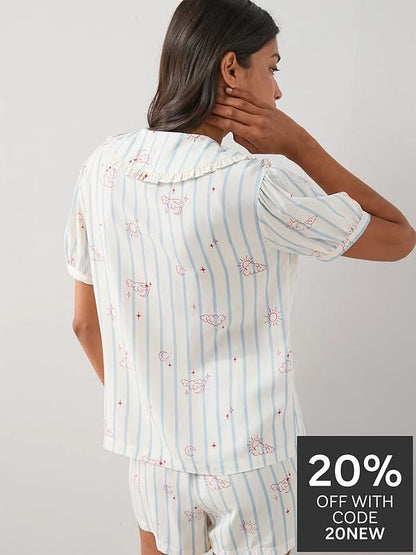 Frill Collar Printed Woven Pyjamas Set-White