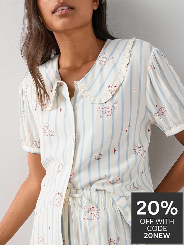 Frill Collar Printed Woven Pyjamas Set-White