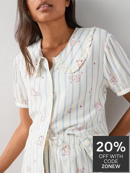 Frill Collar Printed Woven Pyjamas Set-White