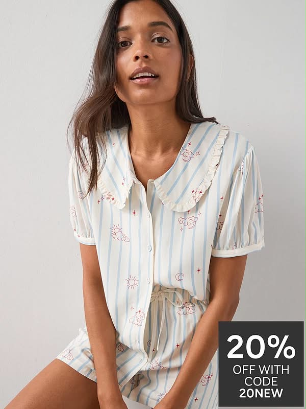 Frill Collar Printed Woven Pyjamas Set-White