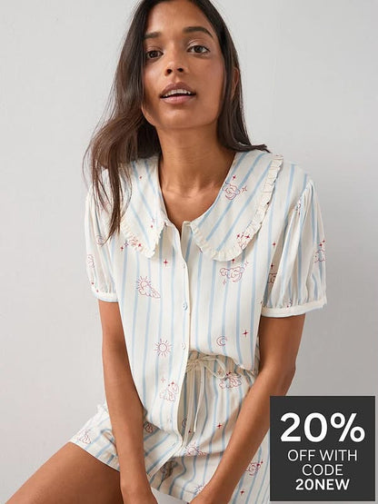 Frill Collar Printed Woven Pyjamas Set-White