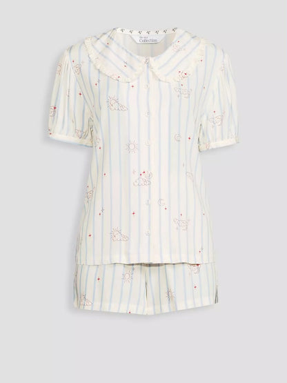 Frill Collar Printed Woven Pyjamas Set-White