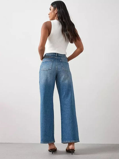 Short High Waist Wide Leg Jeans- Mid Wash