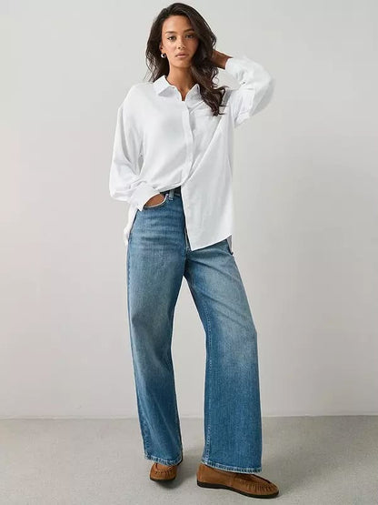 Short High Waist Wide Leg Jeans- Mid Wash