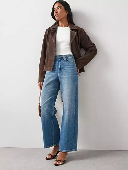Short High Waist Wide Leg Jeans- Mid Wash