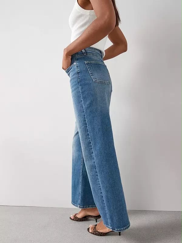 Short High Waist Wide Leg Jeans- Mid Wash