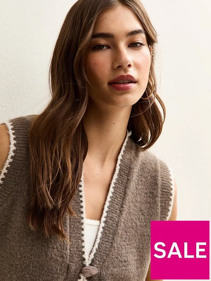 Blanket Stitch Knit Waistcoat - Mink