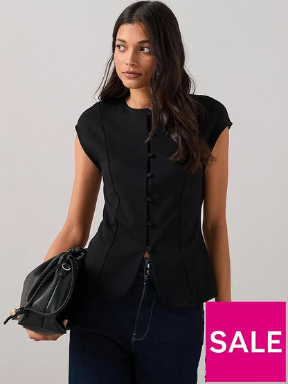 Button Through Short Sleeve Top-Black