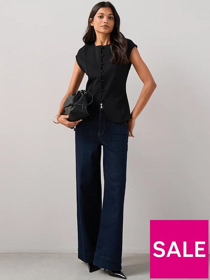 Button Through Short Sleeve Top-Black