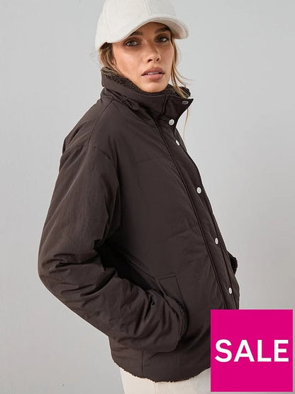 Reversible Quilted Jacket With Borg Collar - Brown