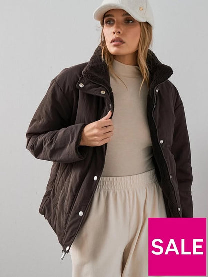 Reversible Quilted Jacket With Borg Collar - Brown