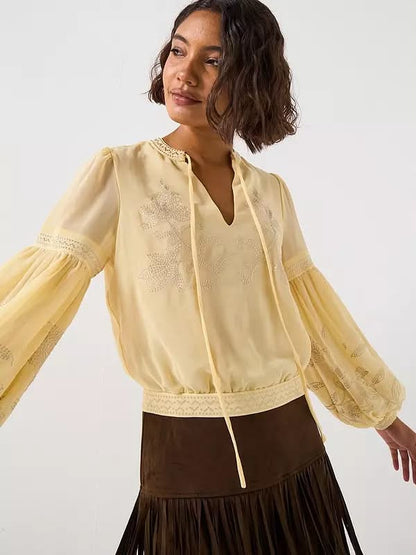 Embroidered Tie Neck Blouse Yellow