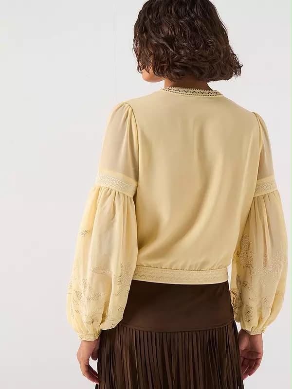 Embroidered Tie Neck Blouse Yellow