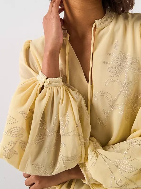 Embroidered Tie Neck Blouse Yellow
