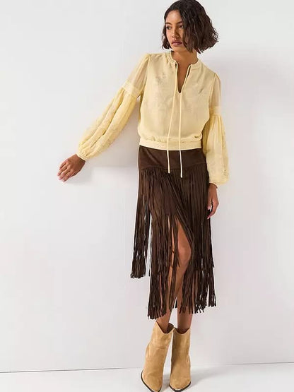 Embroidered Tie Neck Blouse Yellow