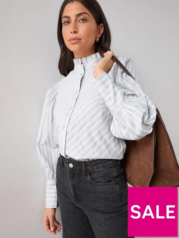 Stripe High Neck Frill Detail Shirt