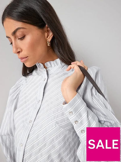Stripe High Neck Frill Detail Shirt