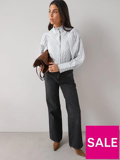 Stripe High Neck Frill Detail Shirt