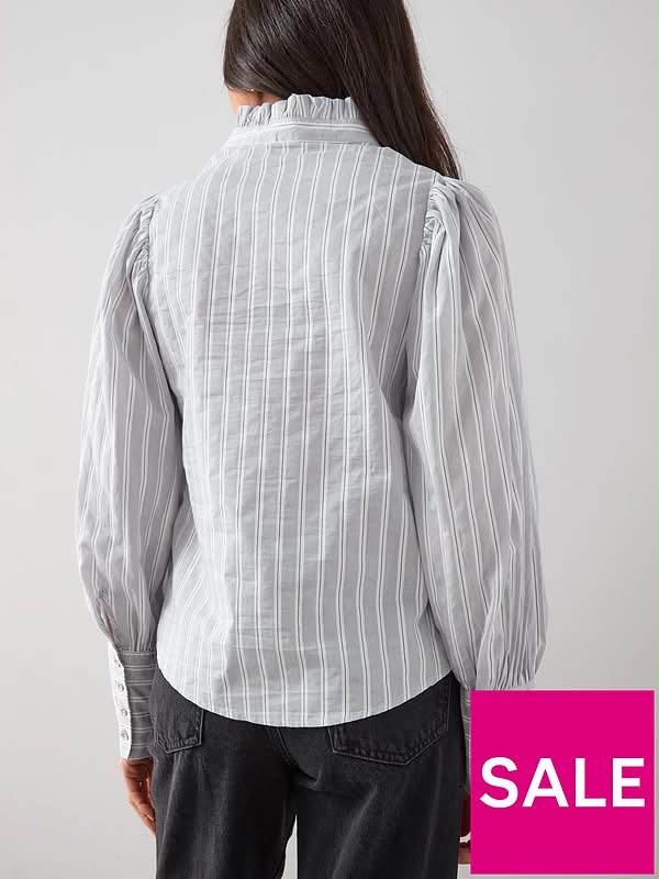 Stripe High Neck Frill Detail Shirt