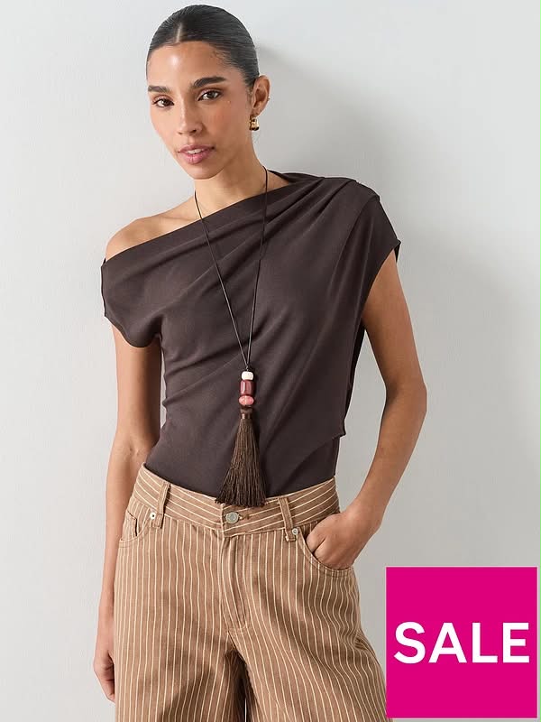 Brown Asymmetric Ruched Top