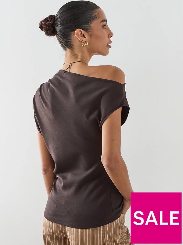 Brown Asymmetric Ruched Top