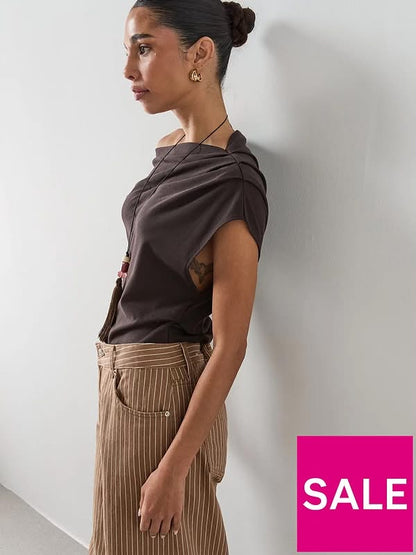Brown Asymmetric Ruched Top