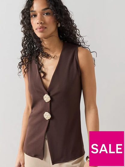 Longline Button Detail Waistcoat Top - Brown