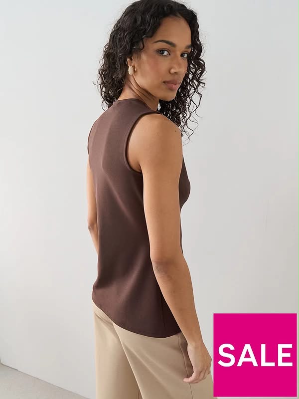Longline Button Detail Waistcoat Top - Brown