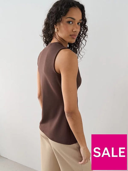 Longline Button Detail Waistcoat Top - Brown