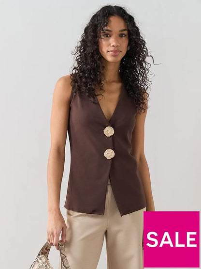 Longline Button Detail Waistcoat Top - Brown
