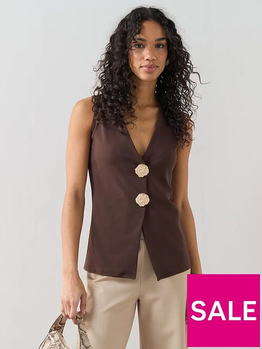 Longline Button Detail Waistcoat Top - Brown