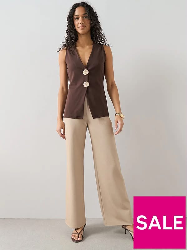 Longline Button Detail Waistcoat Top - Brown