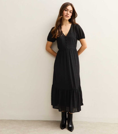 Black Buttoned Check Midi Dress