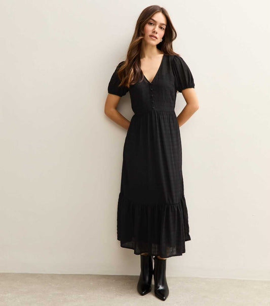 Black Buttoned Check Midi Dress