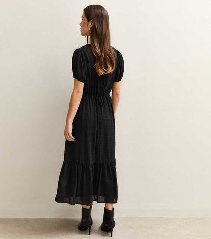 Black Buttoned Check Midi Dress