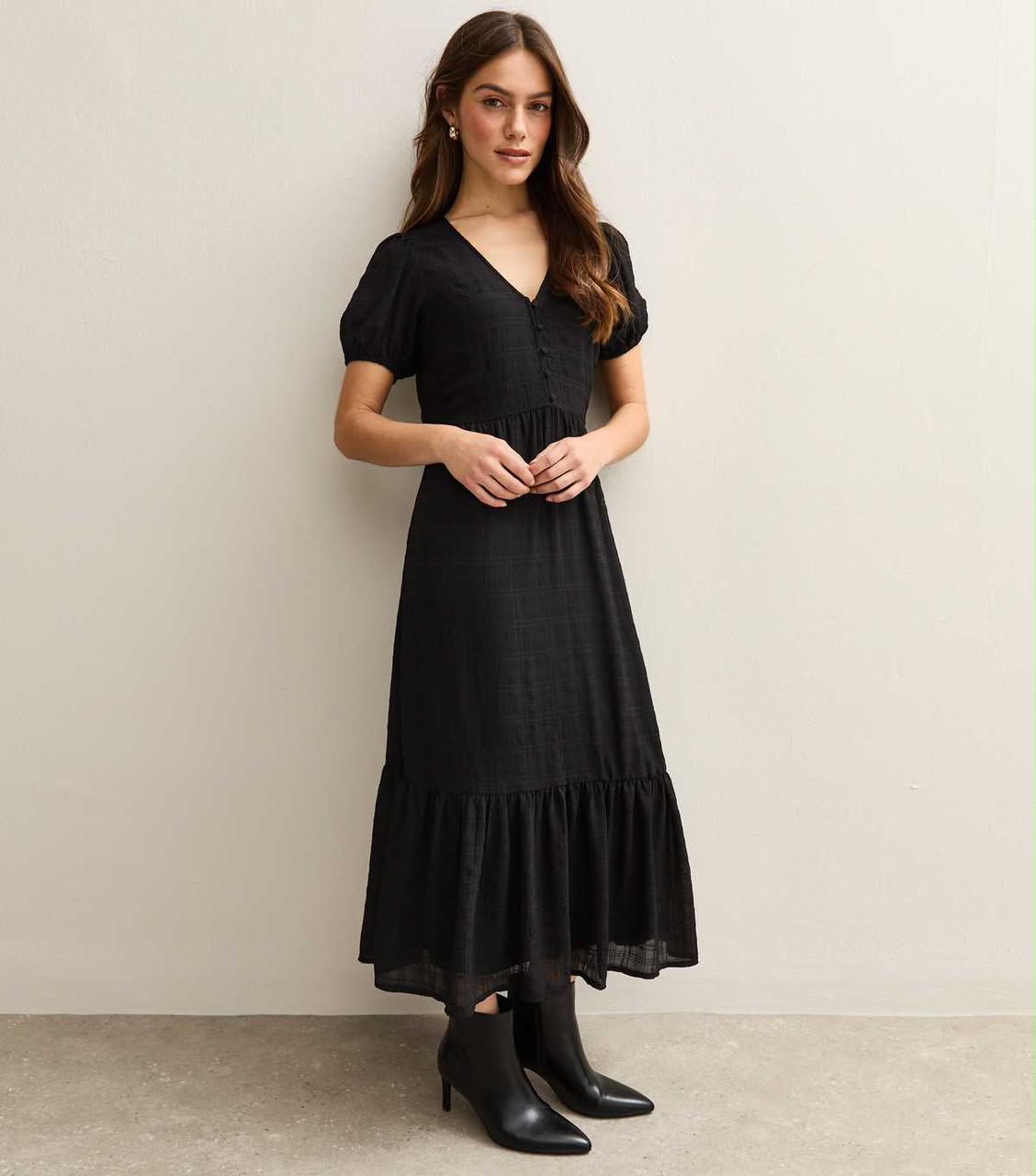 Black Buttoned Check Midi Dress