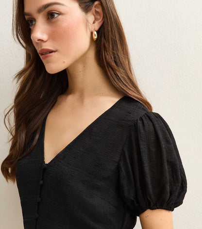 Black Buttoned Check Midi Dress