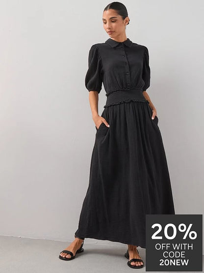 Cheesecloth Puff  Sleeve Midi Dress