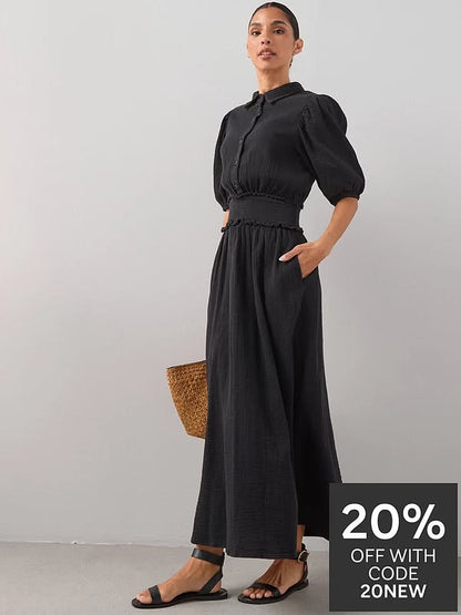 Cheesecloth Puff  Sleeve Midi Dress