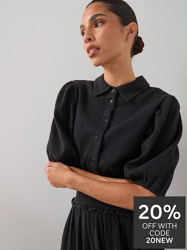 Cheesecloth Puff  Sleeve Midi Dress