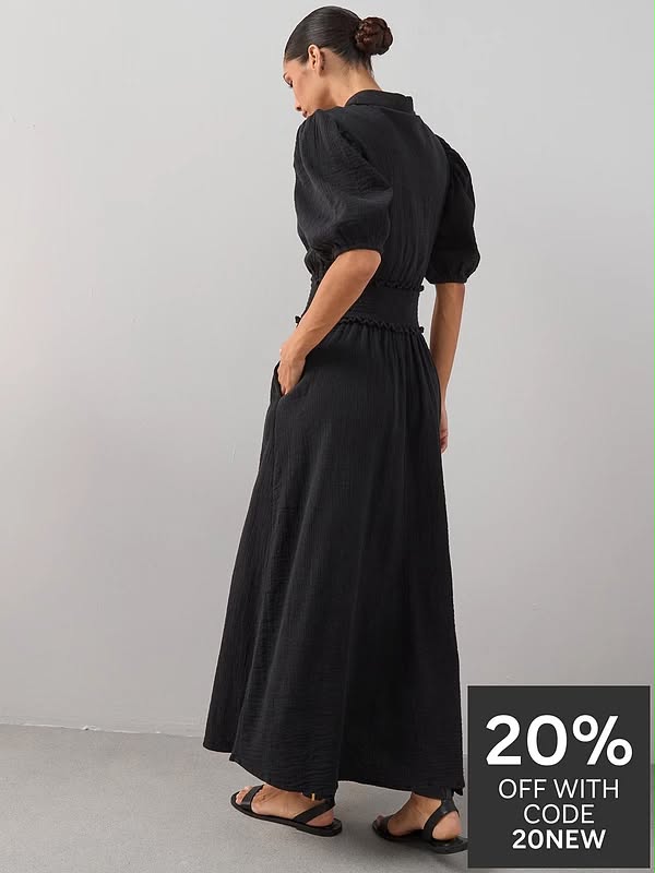 Cheesecloth Puff  Sleeve Midi Dress
