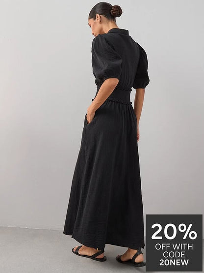 Cheesecloth Puff  Sleeve Midi Dress