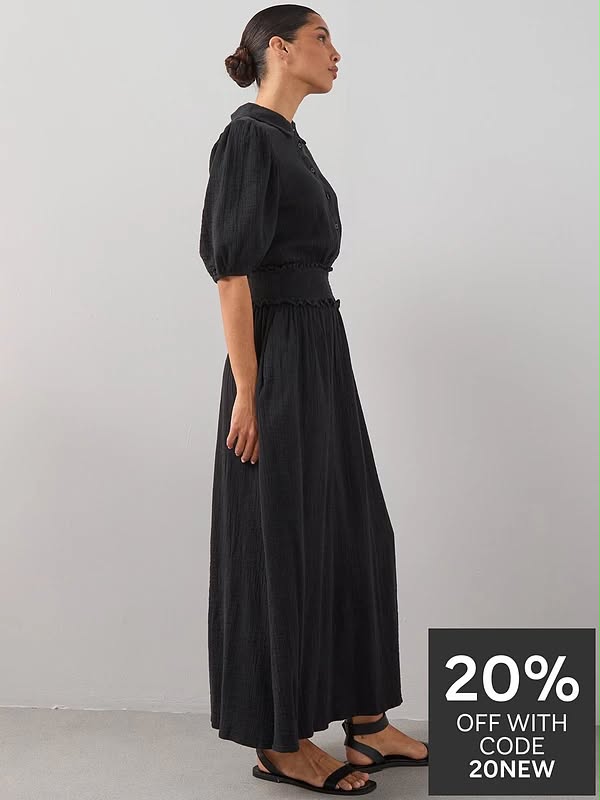 Cheesecloth Puff  Sleeve Midi Dress