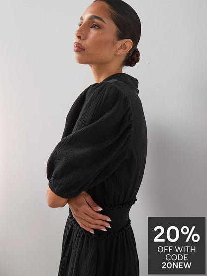 Cheesecloth Puff  Sleeve Midi Dress