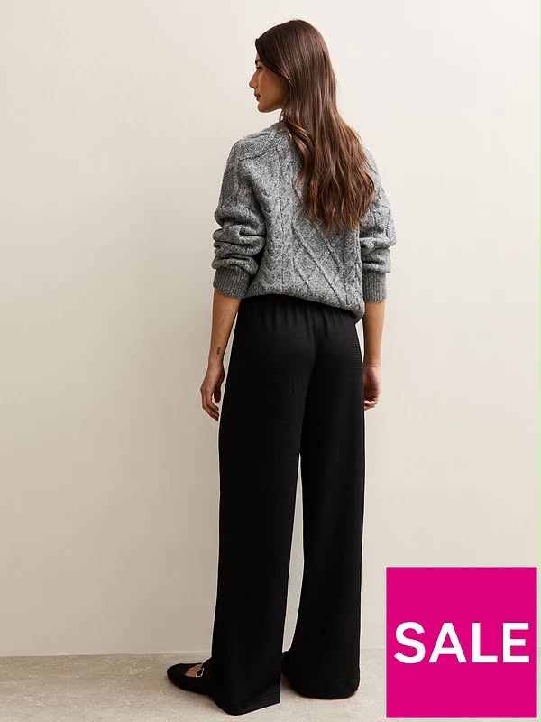 Black Textured Wide Leg Trouser
