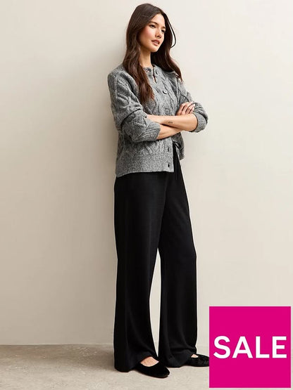 Black Textured Wide Leg Trouser