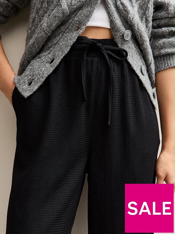 Black Textured Wide Leg Trouser