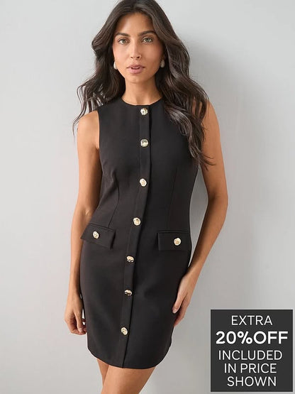Gold Button Front Mini Shift Dress - Black