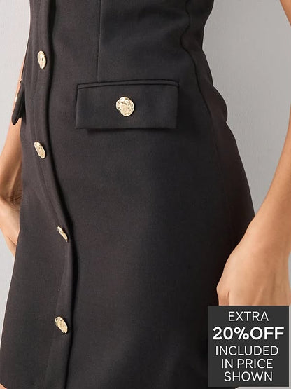 Gold Button Front Mini Shift Dress - Black