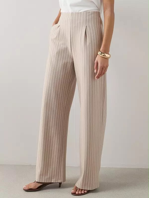 Pinstripe Pleat Detail Wide Leg Trouser Cream